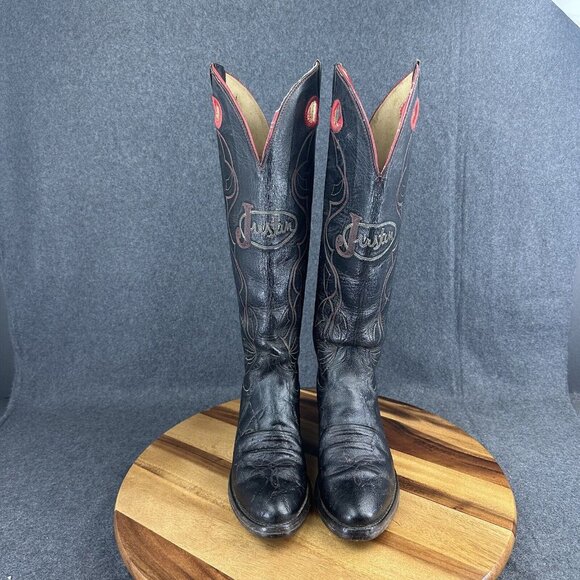 Vtg Justin Tall Elephant Print Spellout Buckaroo Leather Boots Black Red 6.5D - Picture 3 of 12